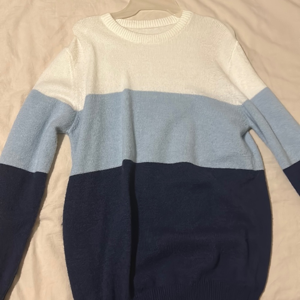 Crochet white, light blue, and navy blue sweater long sleeve